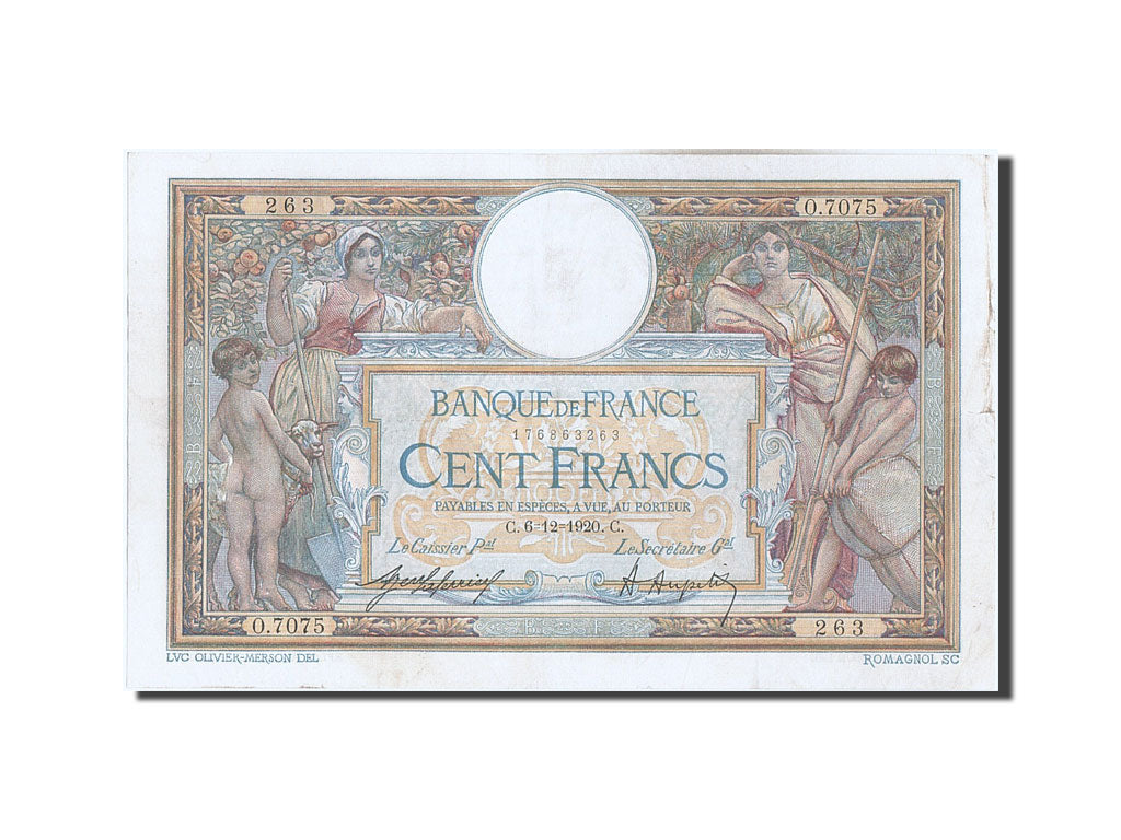 Banconote, Francia, 100 Francs, 100 F 1908-1939 ''Luc Olivier Merson'', 1920