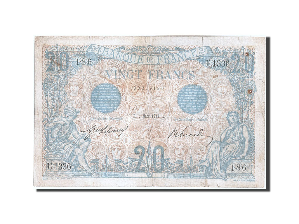 Biljet, Frankrijk, 20 Francs, 20 F 1905-1913 ''Bleu'', 1912, 1912-03-05, TB+