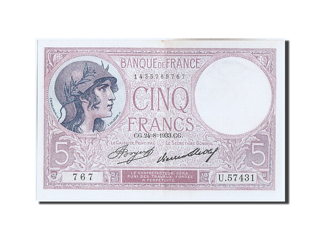 Billete, Francia, 5 Francs, 5 F 1917-1940 ''Violet'', 1933, EBC, Fayette:3.17