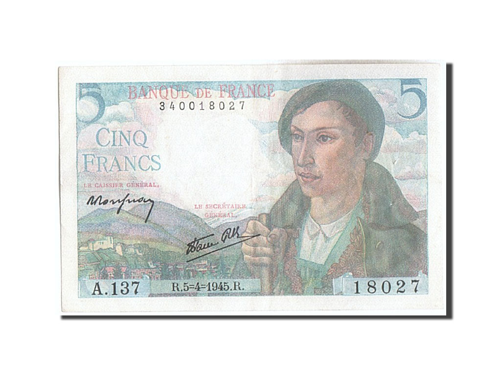 Banknote, France, 5 Francs, 5 F 1943-1947 ''Berger'', 1945, 1945-04-05