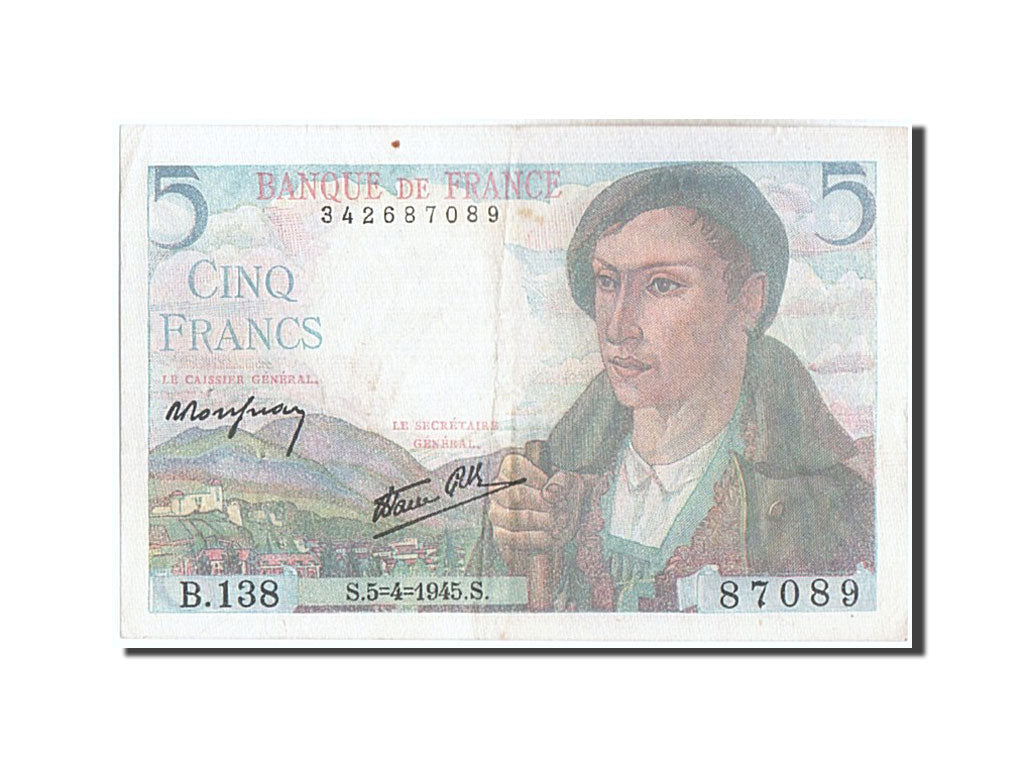 Banknote, France, 5 Francs, 5 F 1943-1947 ''Berger'', 1945, 1945-04-05