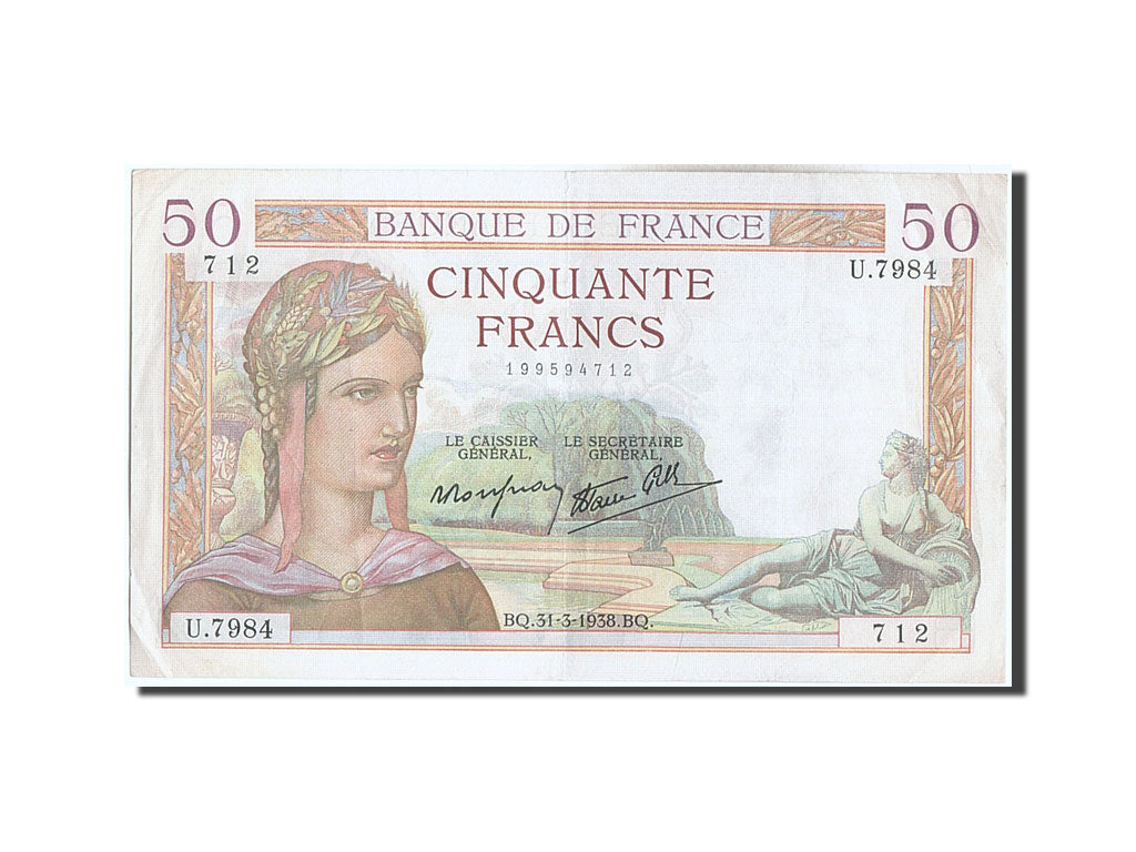 Banknot, Francja, 50 Francs, Cérès, 1938, 1938-03-31, EF(40-45)