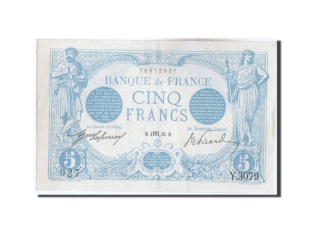 France, 5 Francs, 5 F 1912-1917 ''Bleu'', 1913, KM #70, 1913-10-04, AU(50-53),..