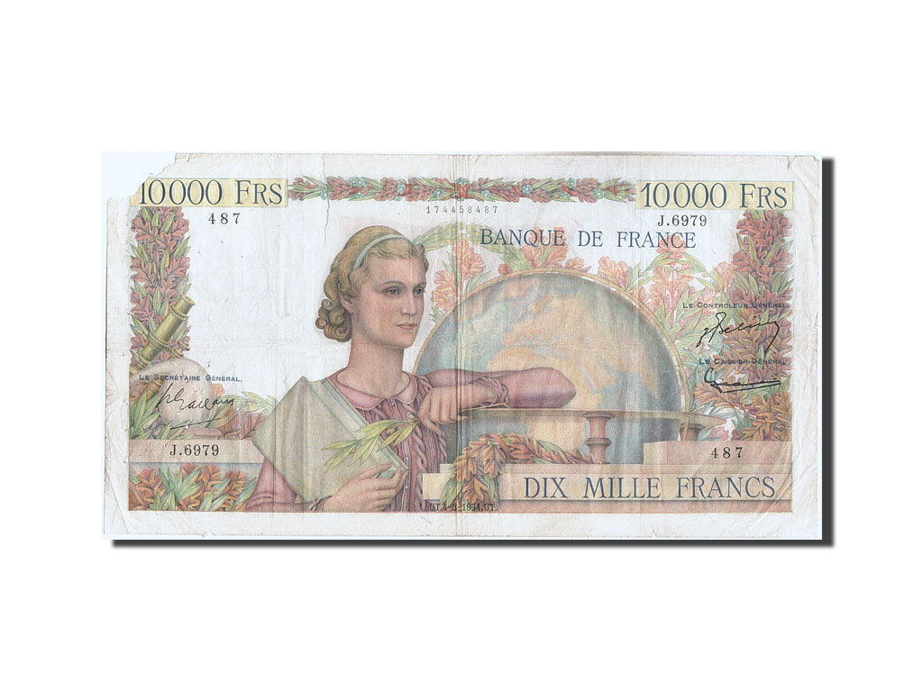France, 10,000 Francs, 10 000 F 1945-1956 ''Génie Français'', 1954, KM #132d, 19