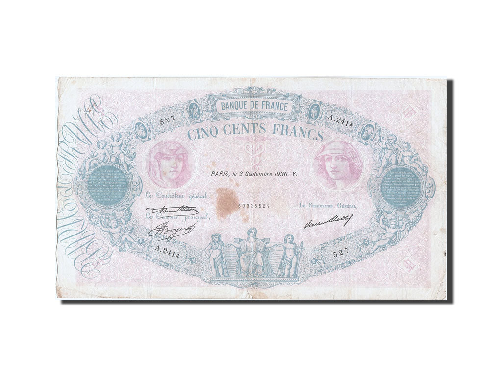 France, 500 Francs, 500 F 1888-1940 ''Bleu et Rose'', 1936, KM #66m,...