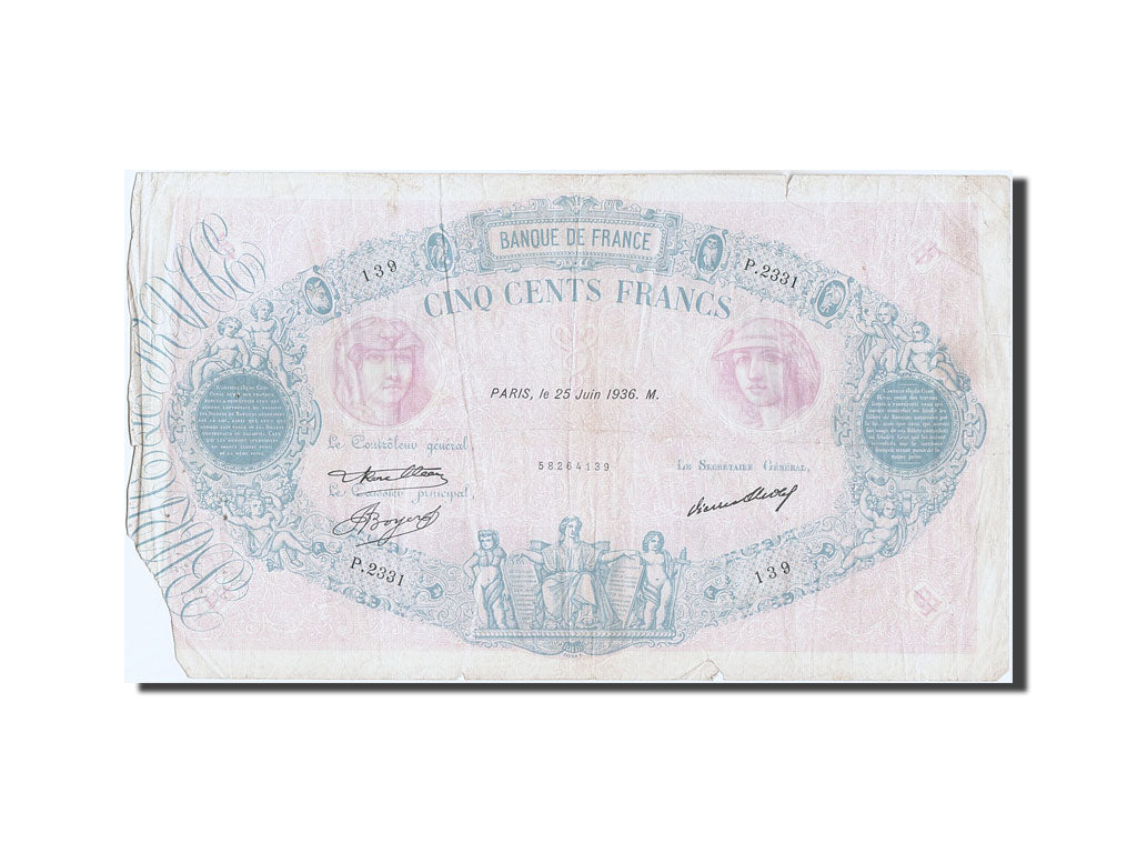 France, 500 Francs, 500 F 1888-1940 ''Bleu et Rose'', 1936, KM #66m,...