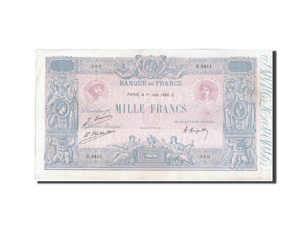 France, 1000 Francs, 1 000 F 1889-1926 ''Bleu et Rose'', 1926, KM #67j,...
