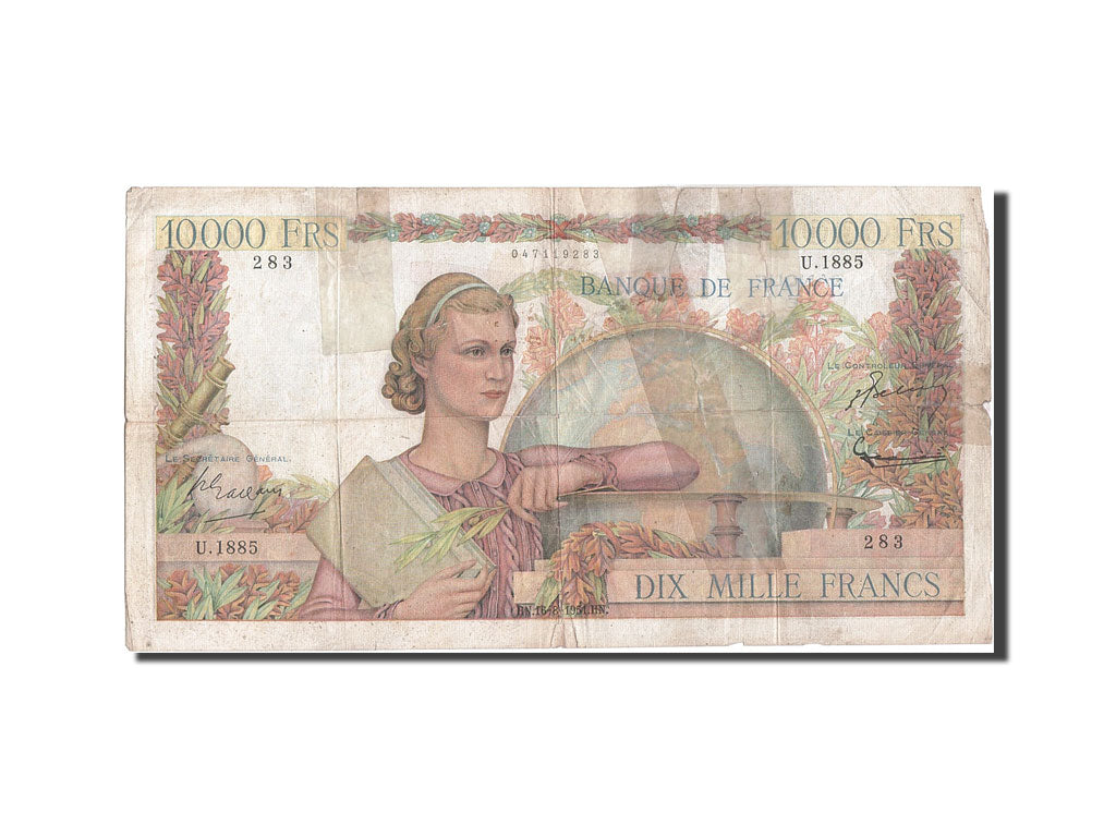 France, 10,000 Francs, 10 000 F 1945-1956 ''Génie Français'', 1951, KM #132d, VG