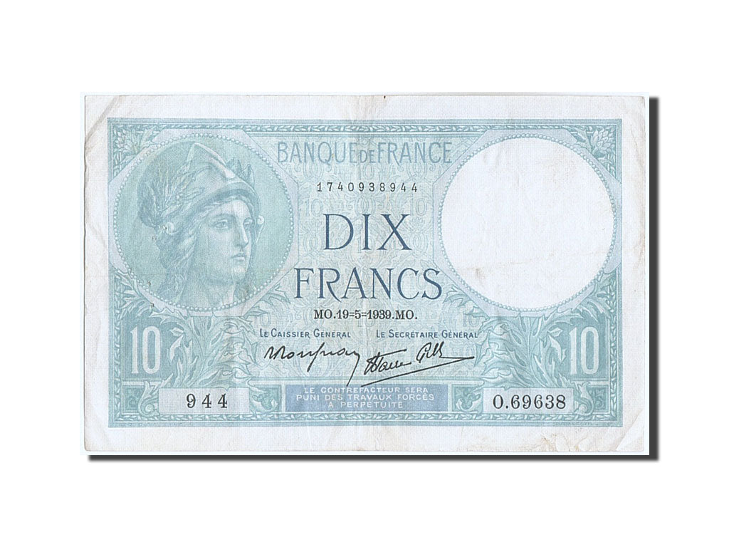 France, 10 Francs, 10 F 1916-1942 ''Minerve'', 1939, KM #84, 1939-05-19,...