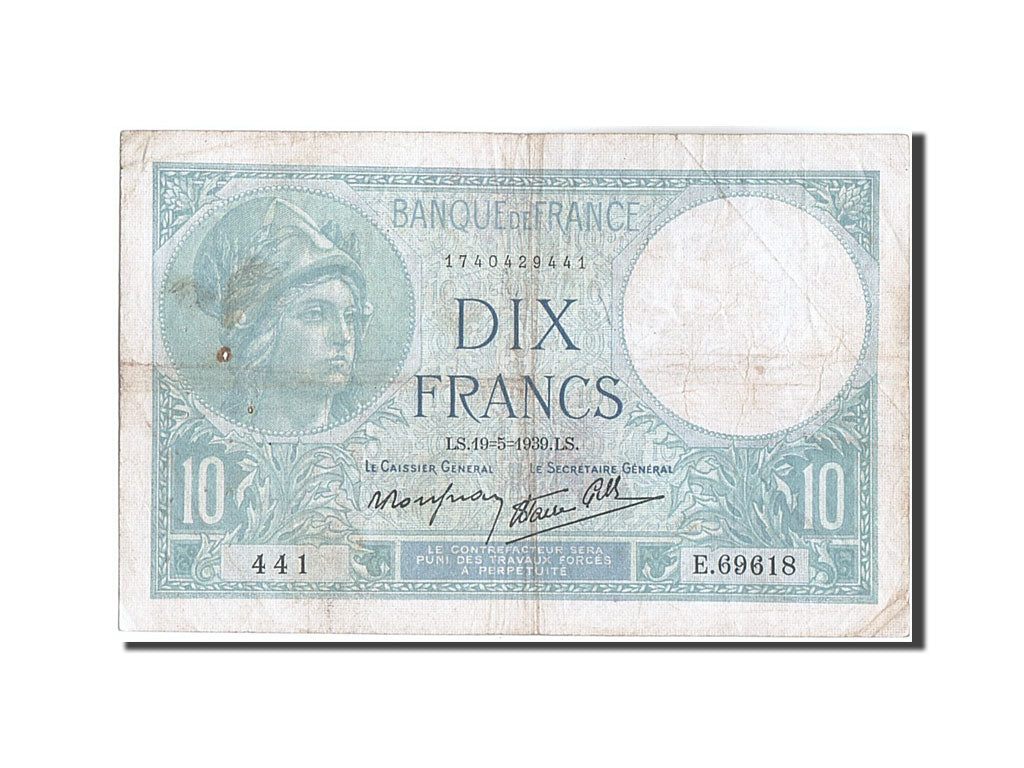 Francia, 10 Francs, 10 F 1916-1942 ''Minerve'', 1939, KM:84, 1939-05-19, MB,...