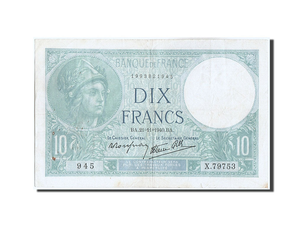 France, 10 Francs, 10 F 1916-1942 ''Minerve'', 1940, KM #84, 1940-11-21,...