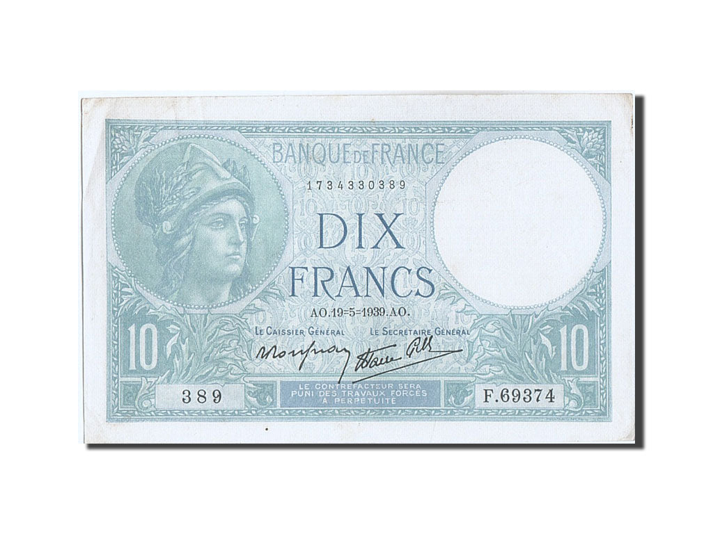 France, 10 Francs, 10 F 1916-1942 ''Minerve'', 1939, KM #84, 1939-05-19,...