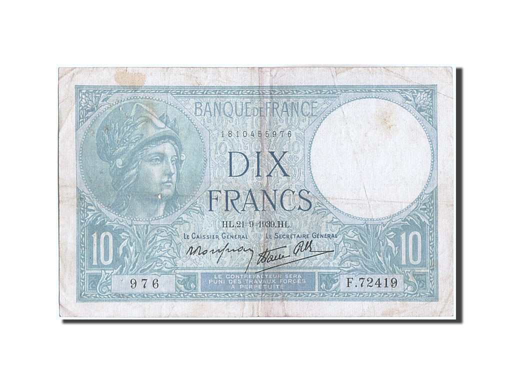 Biljet, Frankrijk, 10 Francs, 10 F 1916-1942 ''Minerve'', 1939, 1939-09-21, TB