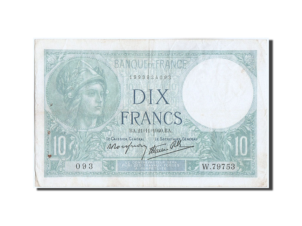 Banconote, Francia, 10 Francs, 10 F 1916-1942 ''Minerve'', 1940, 1940-11-21, MB