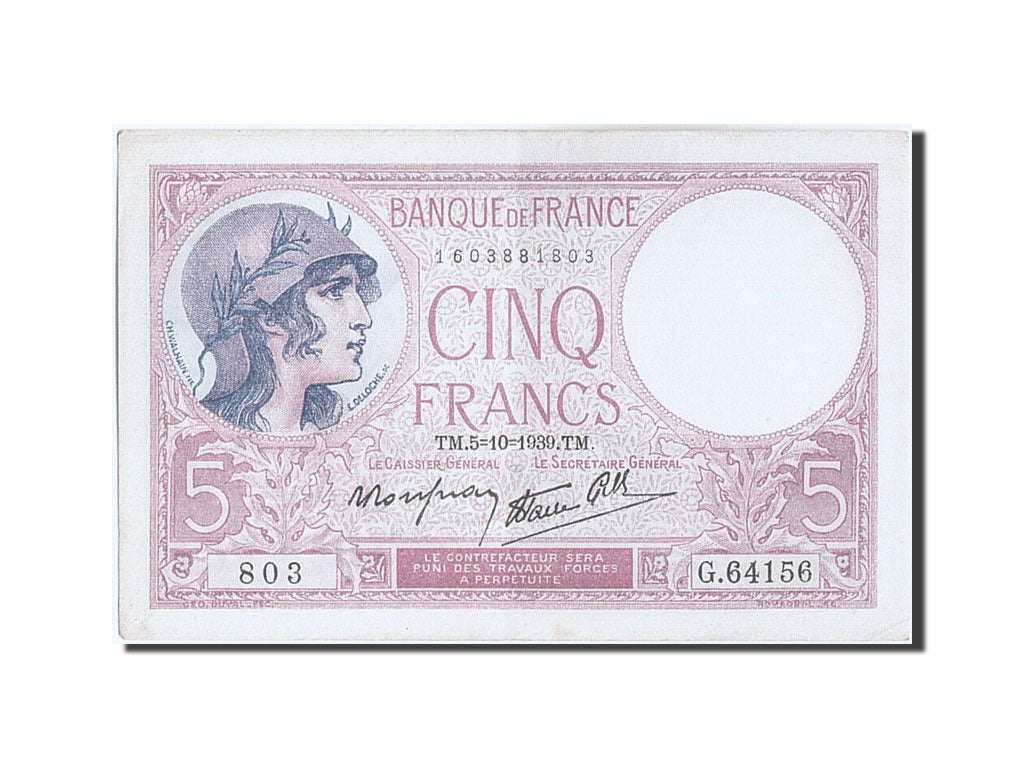 Banconote, Francia, 5 Francs, 5 F 1917-1940 ''Violet'', 1939, 1939-10-05, BB