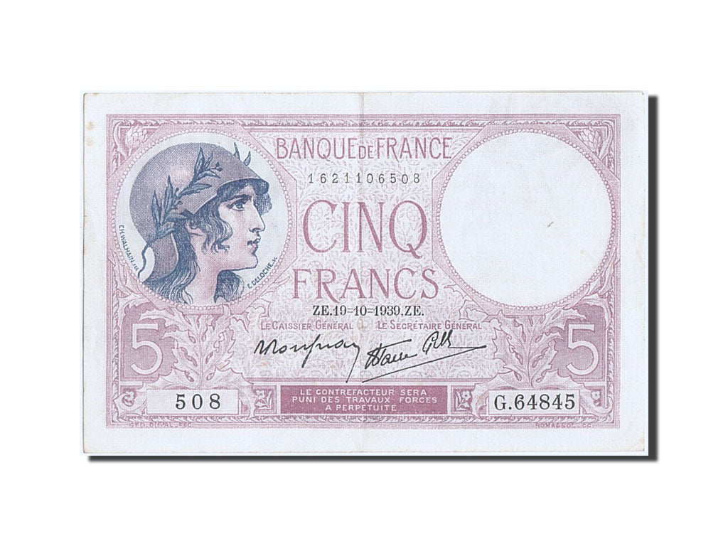 France, 5 Francs, 5 F 1917-1940 ''Violet'', 1939, KM #83, 1939-10-19,...