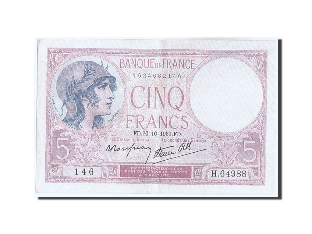France, 5 Francs, 5 F 1917-1940 ''Violet'', 1939, KM #83, 1939-10-26,...