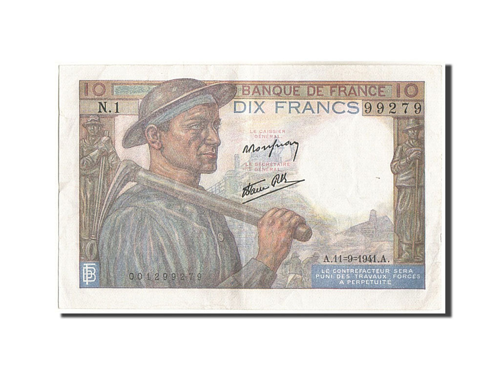 Francia, 10 Francs, 10 F 1941-1949 ''Mineur'', 1941, KM:99a, 1941-09-11, MB,...