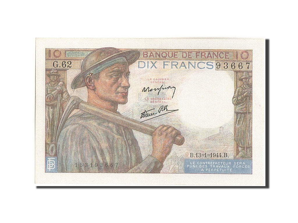 Billete, Francia, 10 Francs, 10 F 1941-1949 ''Mineur'', 1944, 1944-01-13, SC