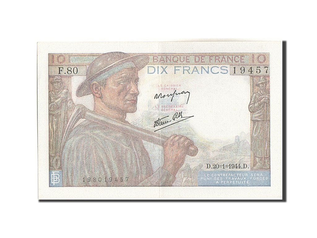 Banconote, Francia, 10 Francs, 10 F 1941-1949 ''Mineur'', 1944, 1944-01-20, SPL