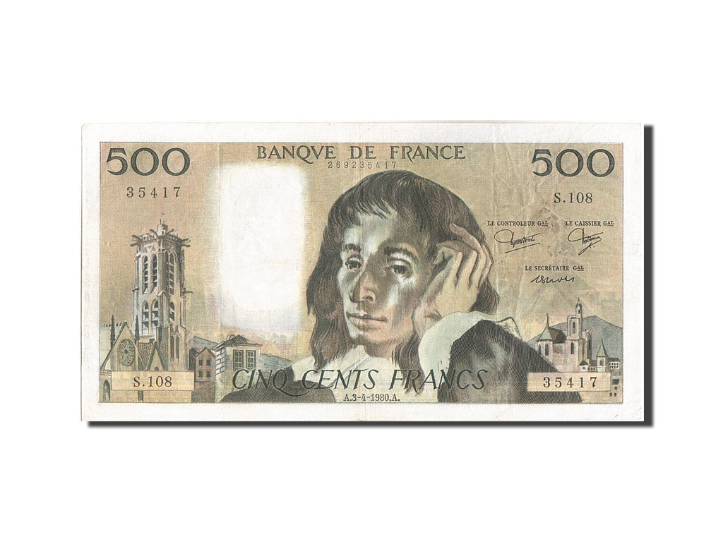 France, 500 Francs, 500 F 1968-1993 ''Pascal'', 1980, KM:156e, 1980-04-03, VF...