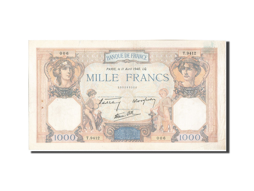 Banknote, France, 1000 Francs, 1 000 F 1927-1940 ''Cérès et Mercure'', 1940