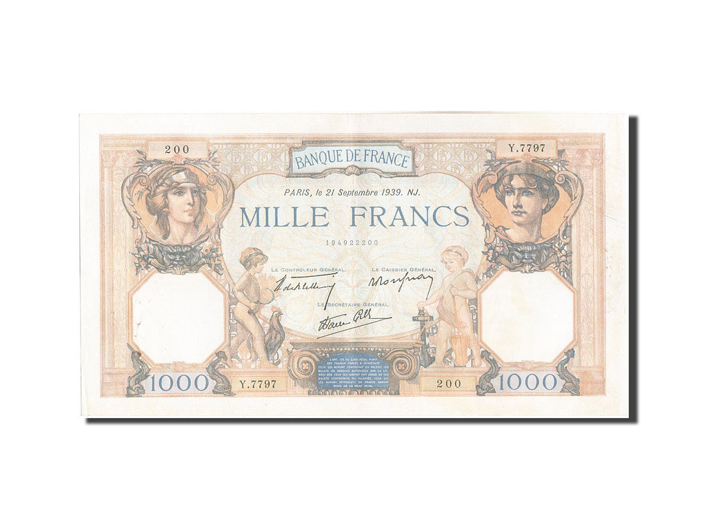 Banknote, France, 1000 Francs, 1 000 F 1927-1940 ''Cérès et Mercure'', 1939