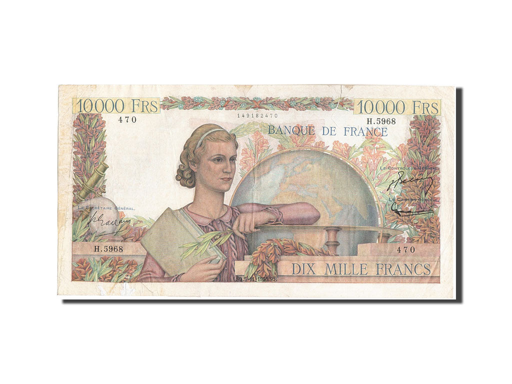 France, 10,000 Francs, 10 000 F 1945-1956 ''Génie Français'', 1953, KM:132d...