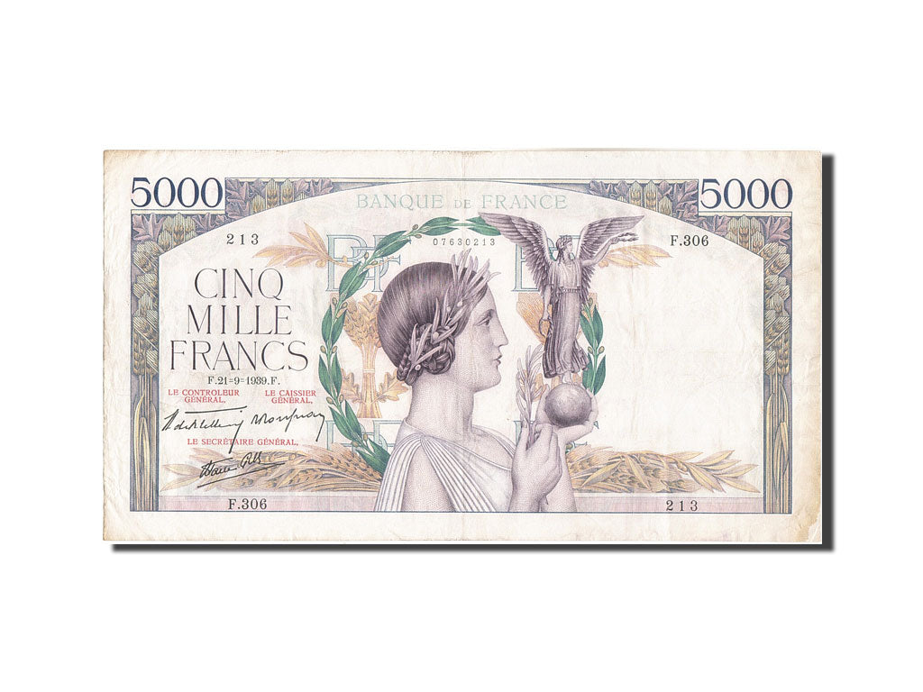 Geldschein, Frankreich, 5000 Francs, 5 000 F 1934-1944 ''Victoire'', 1939