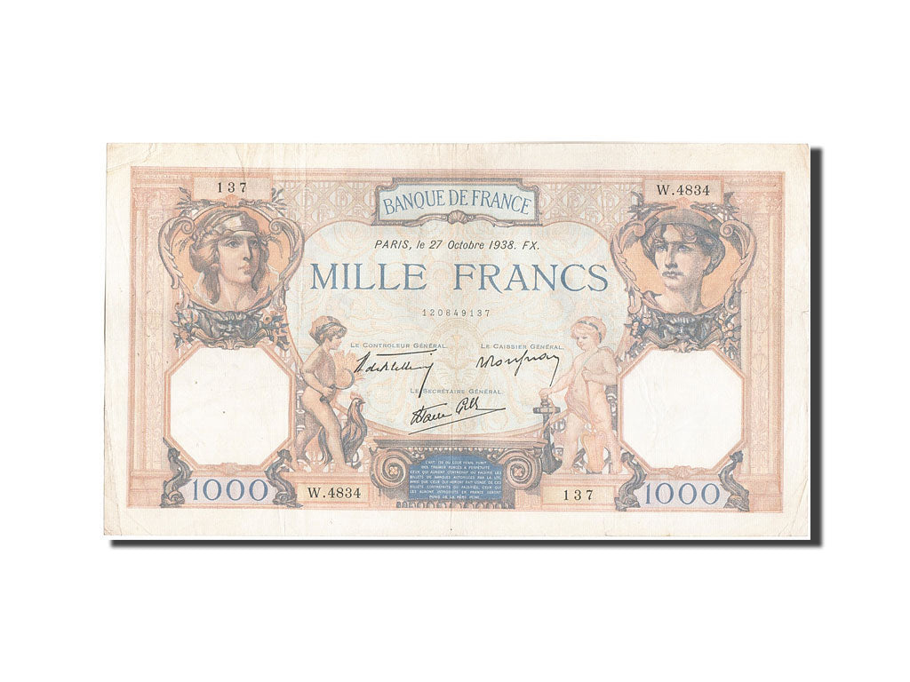 France, 1000 Francs, 1 000 F 1927-1940 ''Cérès et Mercure'', 1938, KM:90c,...