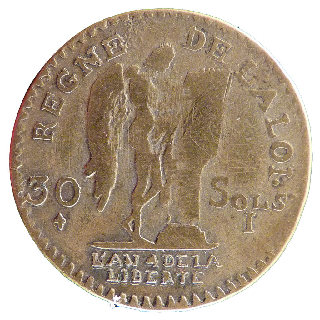 FRANCE, 30 sols françois, 30 Sols, 1792, Limoges, VF(20-25), Brass, Gadoury #39,