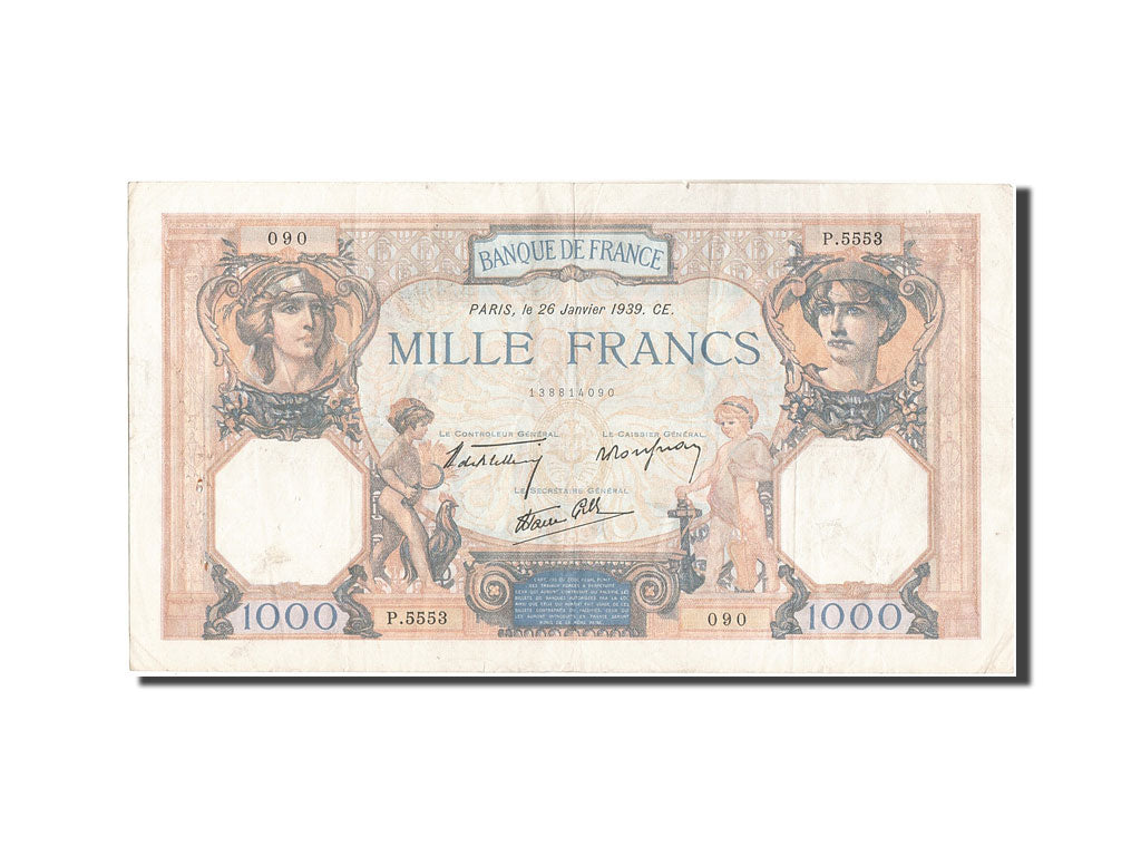 Geldschein, Frankreich, 1000 Francs, 1 000 F 1927-1940 ''Cérès et Mercure''