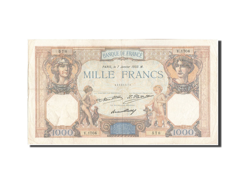 Banknot, Francja, 1000 Francs, Cérès et Mercure, 1932, 1932-01-07, VF(20-25)