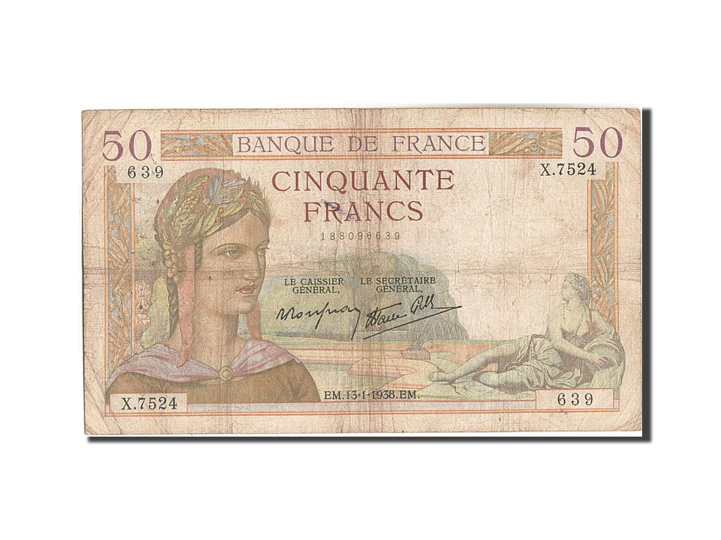 Francia, 50 Francs, 50 F 1934-1940 ''Cérès'', 1938, KM:85b, 1938-01-13, B,...