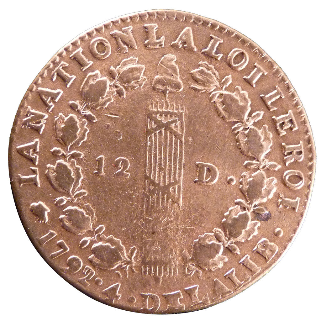 Francia, 12 Denarius, 1792, Lyons, BB, Rame, Gadoury:15