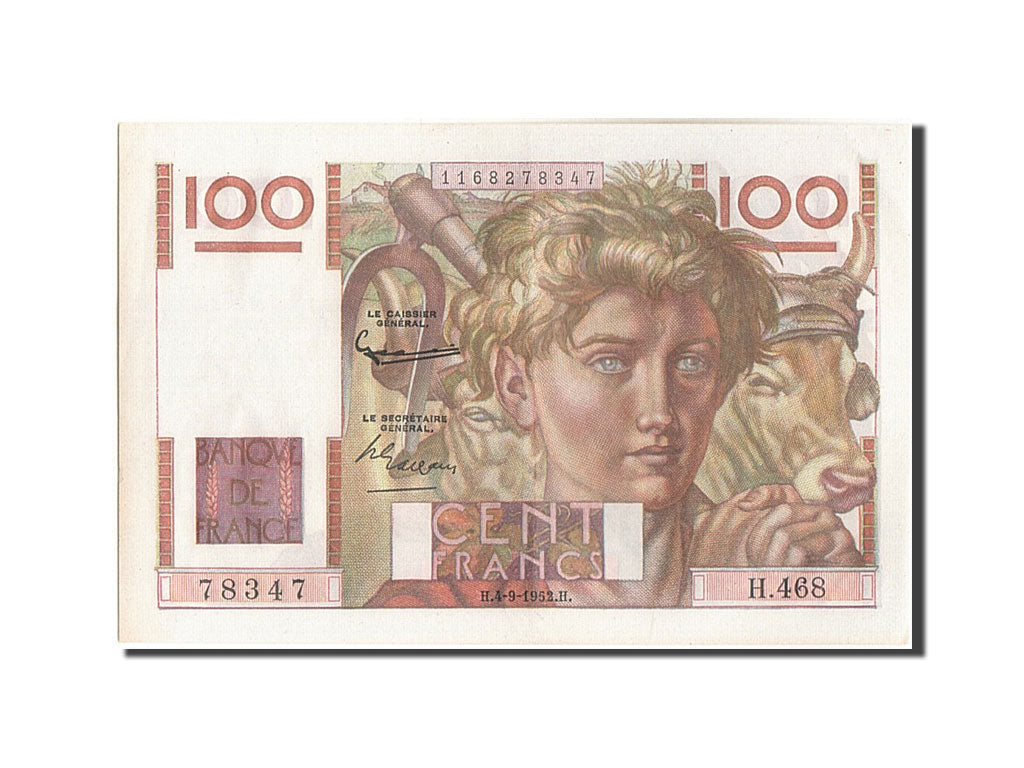 Francia, 100 Francs, 100 F 1945-1954 ''Jeune Paysan'', 1952, KM:128d, 1952-09...