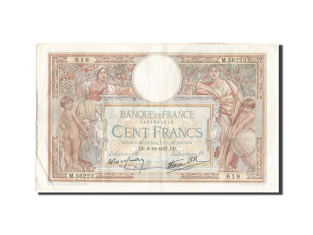 Banknot, Francja, 100 Francs, Luc Olivier Merson, 1937, 1937-12-09, EF(40-45)