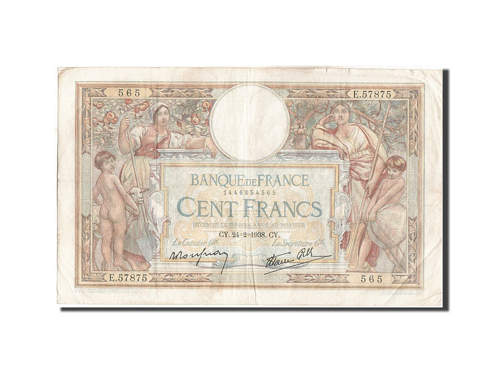 Billete, Francia, 100 Francs, 100 F 1908-1939 ''Luc Olivier Merson'', 1938
