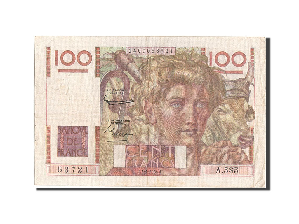 France, 100 Francs, 100 F 1945-1954 ''Jeune Paysan'', 1954, KM:128e, 1954-01-...