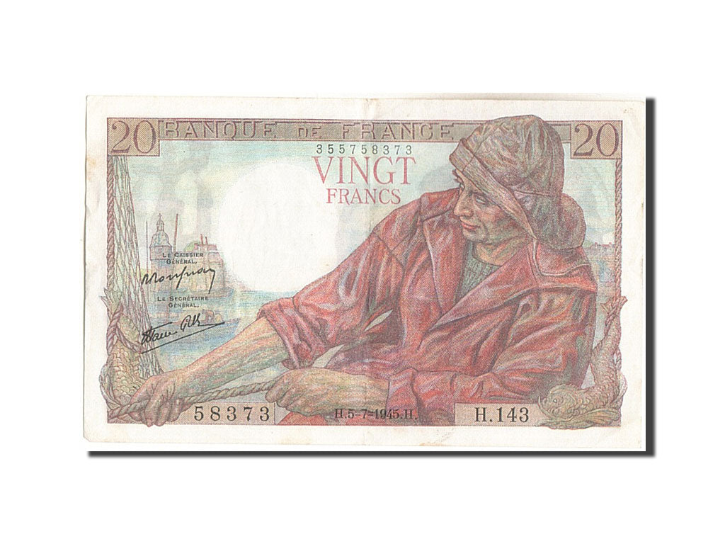 Geldschein, Frankreich, 20 Francs, 20 F 1942-1950 ''Pêcheur'', 1945