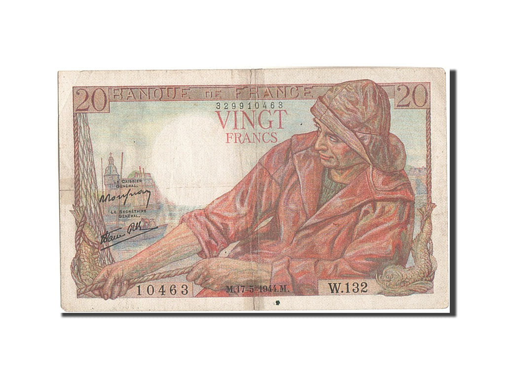 France, 20 Francs, 20 F 1942-1950 ''Pêcheur'', 1944, KM:100a, 1944-05-17, VF...