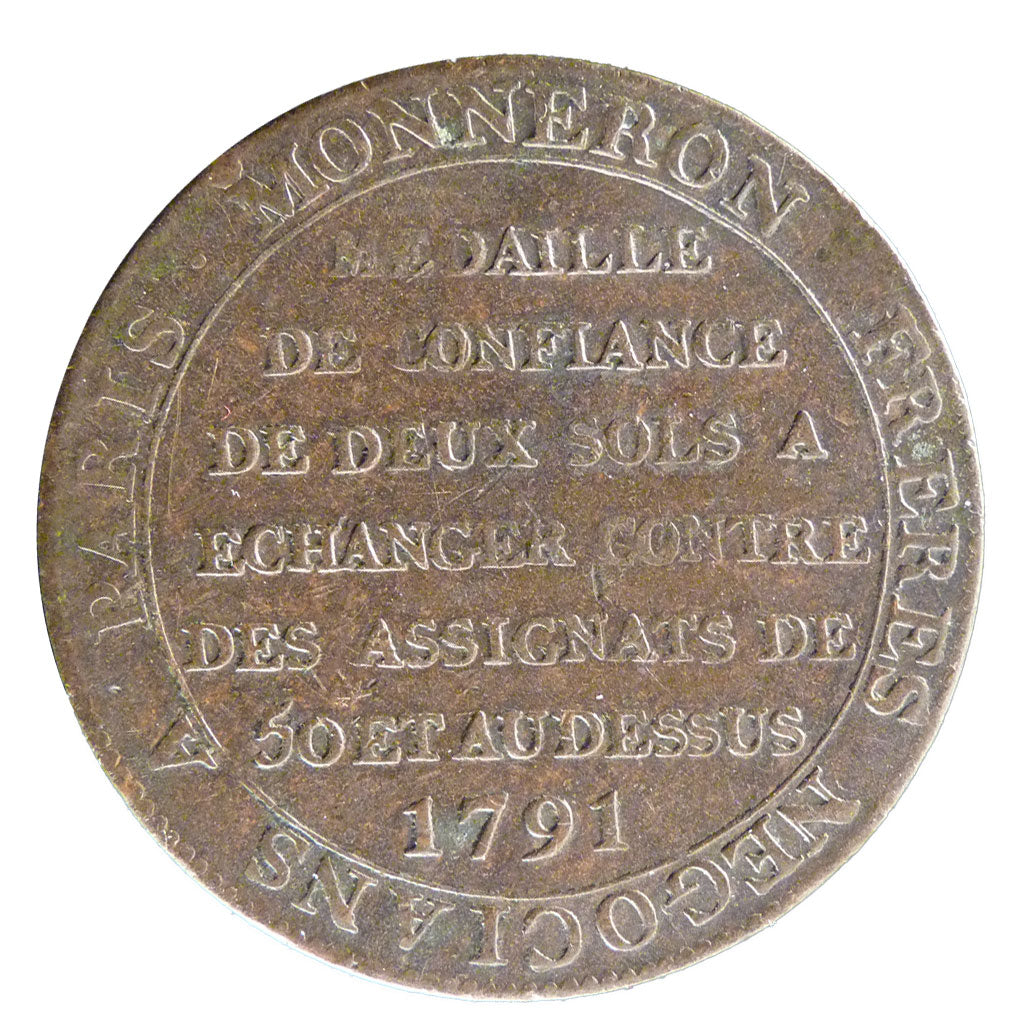 FRANCE, 2 Sols, 1791, AU(50-53), Copper, Brandon #217, 18.30