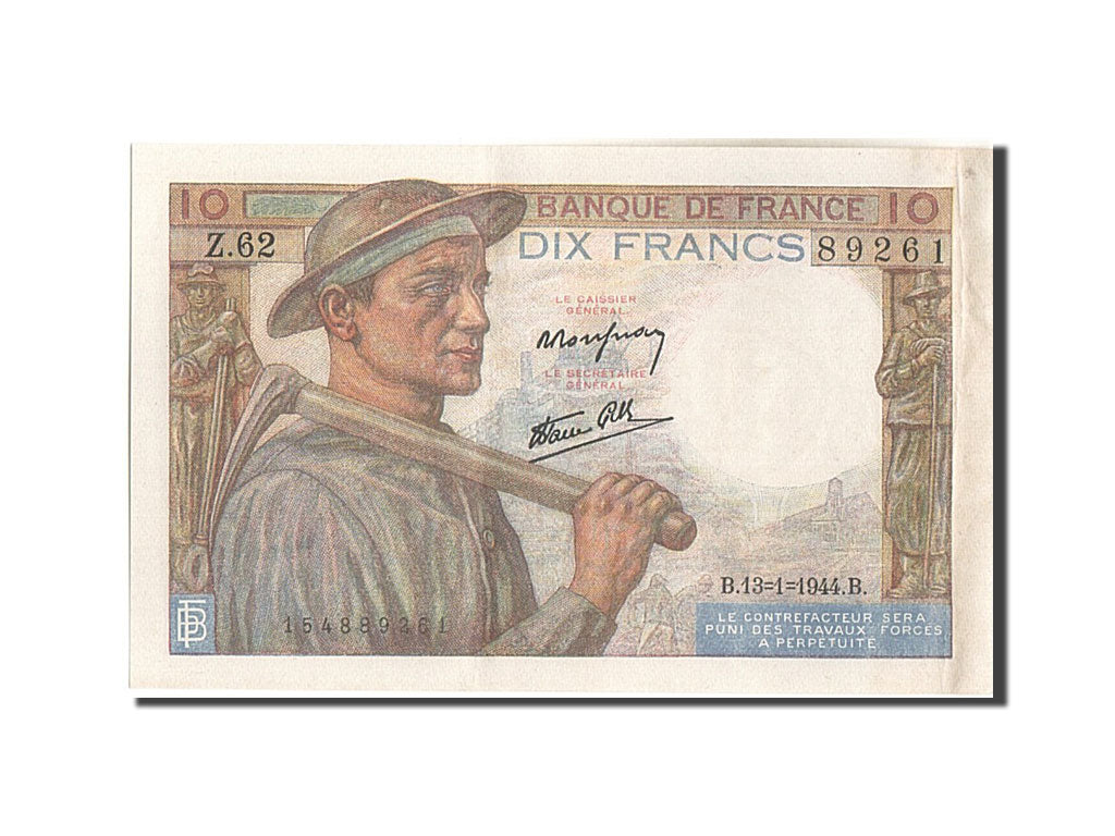 France, 10 Francs, 10 F 1941-1949 ''Mineur'', 1944, KM:99e, 1944-01-13, AU(50...
