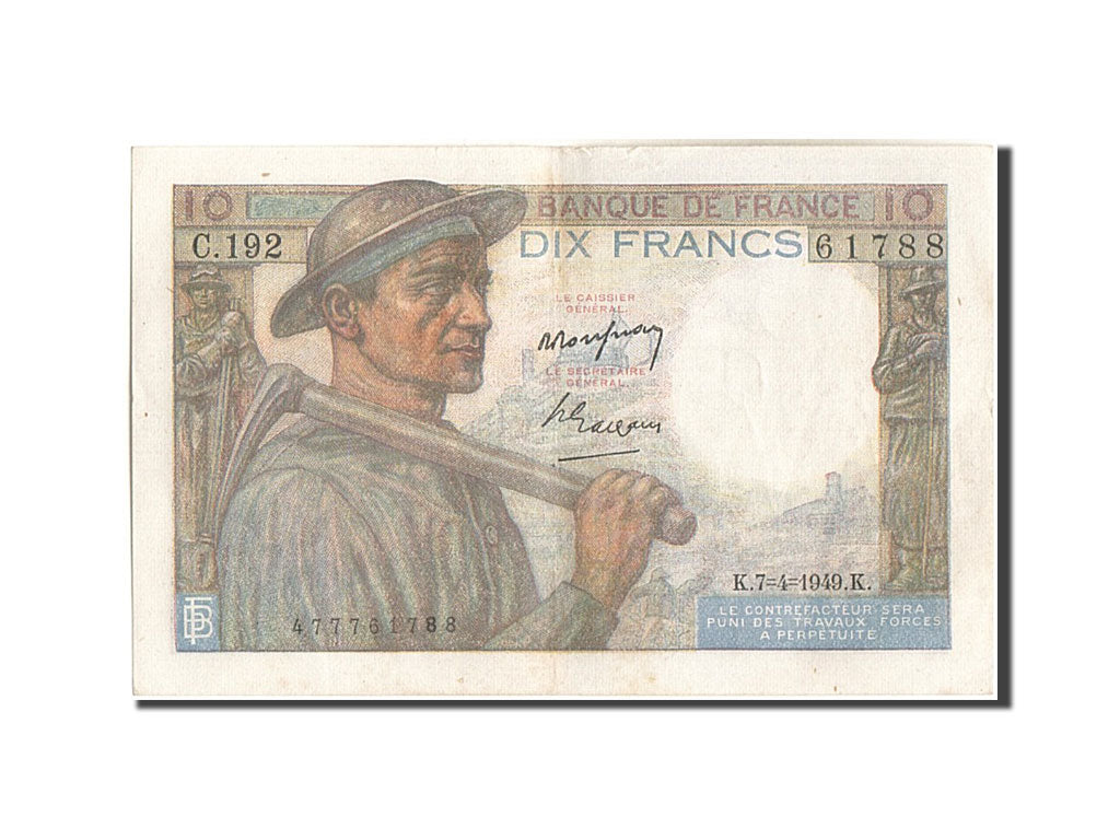 France, 10 Francs, 10 F 1941-1949 ''Mineur'', 1949, KM:99f, 1949-04-07, VF(30...