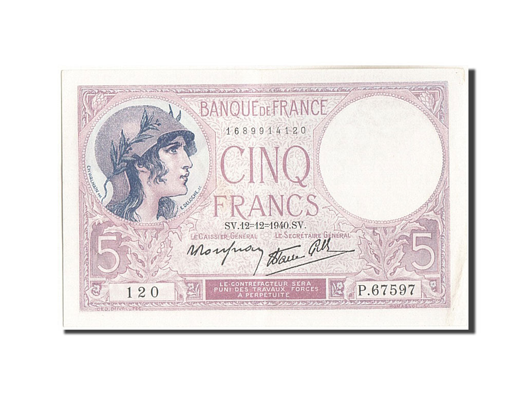 Geldschein, Frankreich, 5 Francs, 5 F 1917-1940 ''Violet'', 1940, 1940-12-12