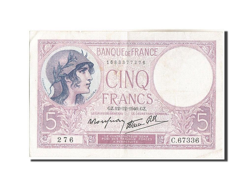 Banknote, France, 5 Francs, 5 F 1917-1940 ''Violet'', 1940, 1940-12-12