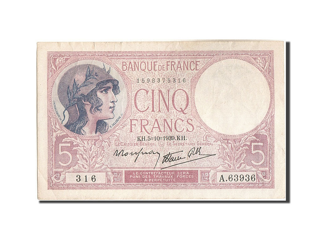 Banknote, France, 5 Francs, 5 F 1917-1940 ''Violet'', 1939, 1939-10-05