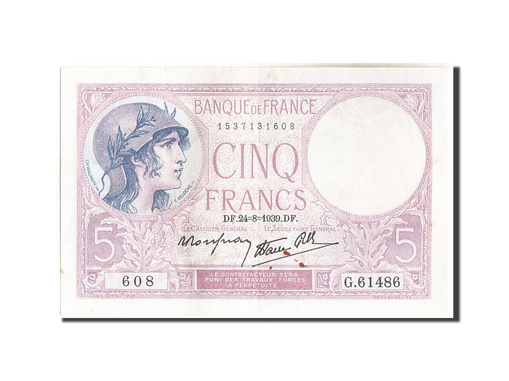 Billete, Francia, 5 Francs, 5 F 1917-1940 ''Violet'', 1939, 1939-08-24, MBC