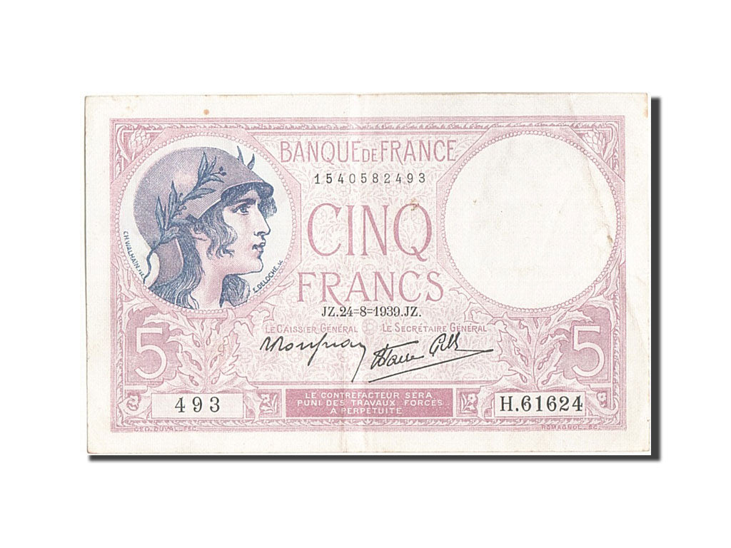 Frankreich, 5 Francs, 5 F 1917-1940 ''Violet'', 1939, KM:83, 1939-08-24, EF(4...