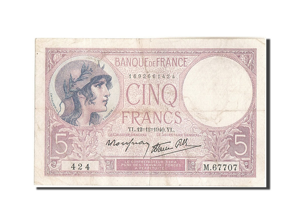 Billete, Francia, 5 Francs, 5 F 1917-1940 ''Violet'', 1940, 1940-12-12, BC+